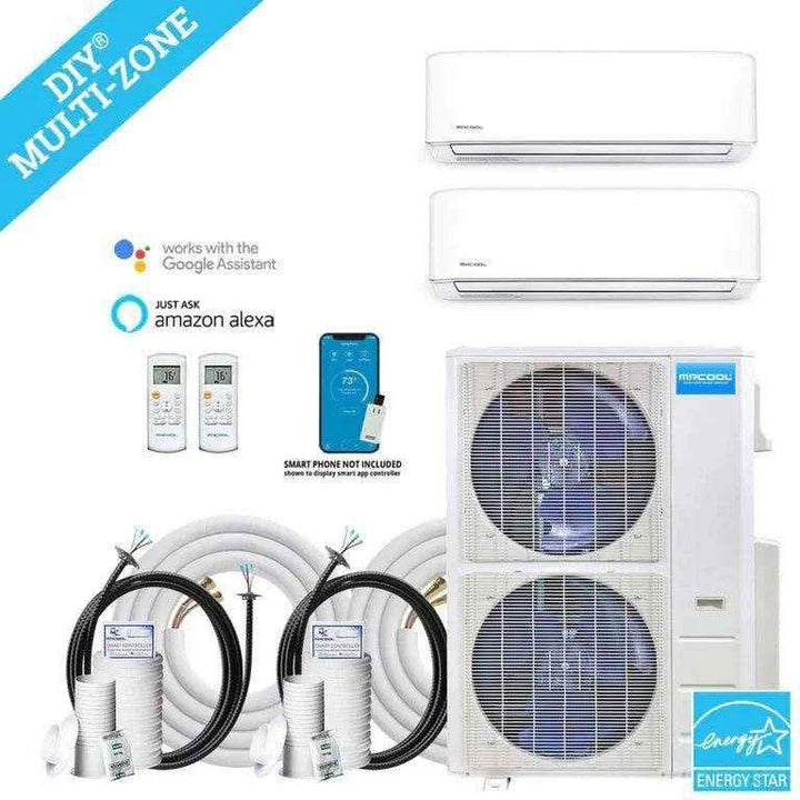 MRCOOL DIY multi-zone system with wall-mounted indoor units, outdoor condenser, line sets and controls