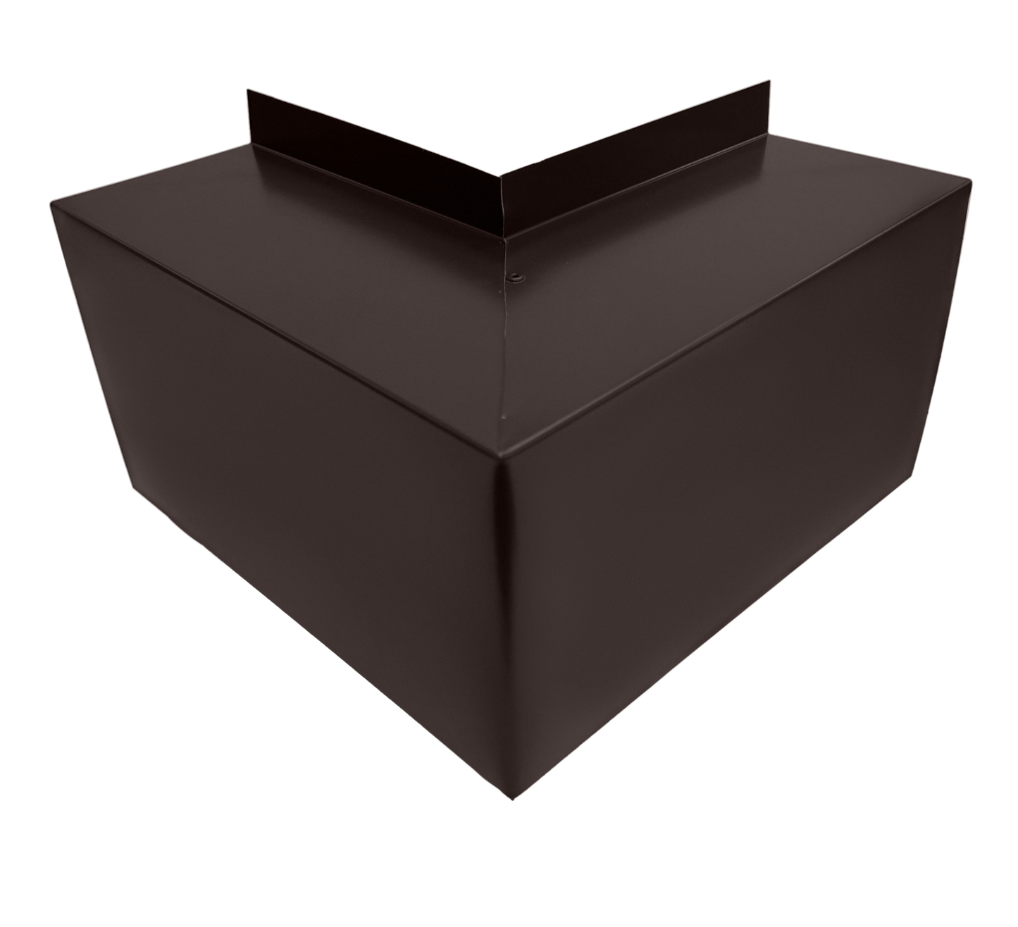 A high-resolution image of a dark brown, metal roof corner flashing piece. The Perma Cover Commercial Series - 24 Gauge Line Set Cover Outside Corner Elbows - Premium Quality, crafted from 24 gauge steel elbows, has a 90-degree angle to fit the corner joint of a roof, with clean, sharp edges and a smooth, matte finish for easy installation.