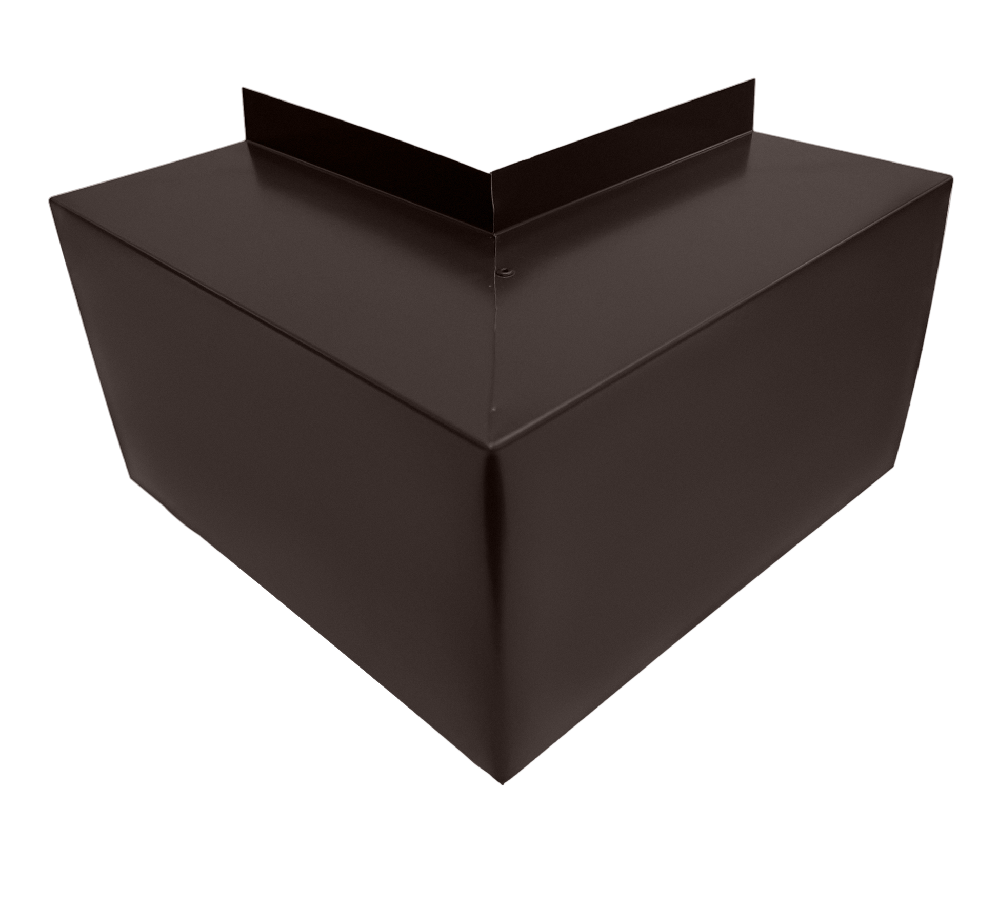 A high-resolution image of a dark brown, metal roof corner flashing piece. The Perma Cover Commercial Series - 24 Gauge Line Set Cover Outside Corner Elbows - Premium Quality, crafted from 24 gauge steel elbows, has a 90-degree angle to fit the corner joint of a roof, with clean, sharp edges and a smooth, matte finish for easy installation.