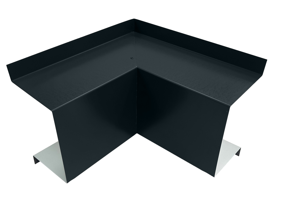 A black, L-shaped metal corner piece with upright sides forming a right angle, designed presumably for construction or industrial use. The base and sides appear smooth and sturdy, reflecting premium quality. Ideal for HVAC line set cover applications. The background is plain gray.

Commercial Series - 24 Gauge Line Set Cover Inside Corner Elbows - Premium Quality by Perma Cover