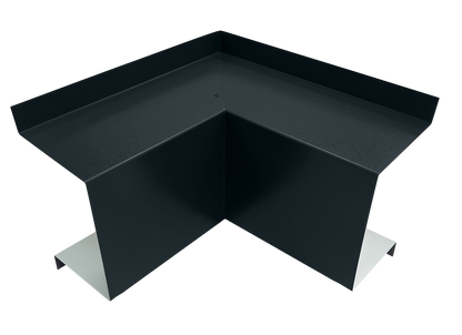 A black, L-shaped metal corner piece with upright sides forming a right angle, designed presumably for construction or industrial use. The base and sides appear smooth and sturdy, reflecting premium quality. Ideal for HVAC line set cover applications. The background is plain gray.

Commercial Series - 24 Gauge Line Set Cover Inside Corner Elbows - Premium Quality by Perma Cover