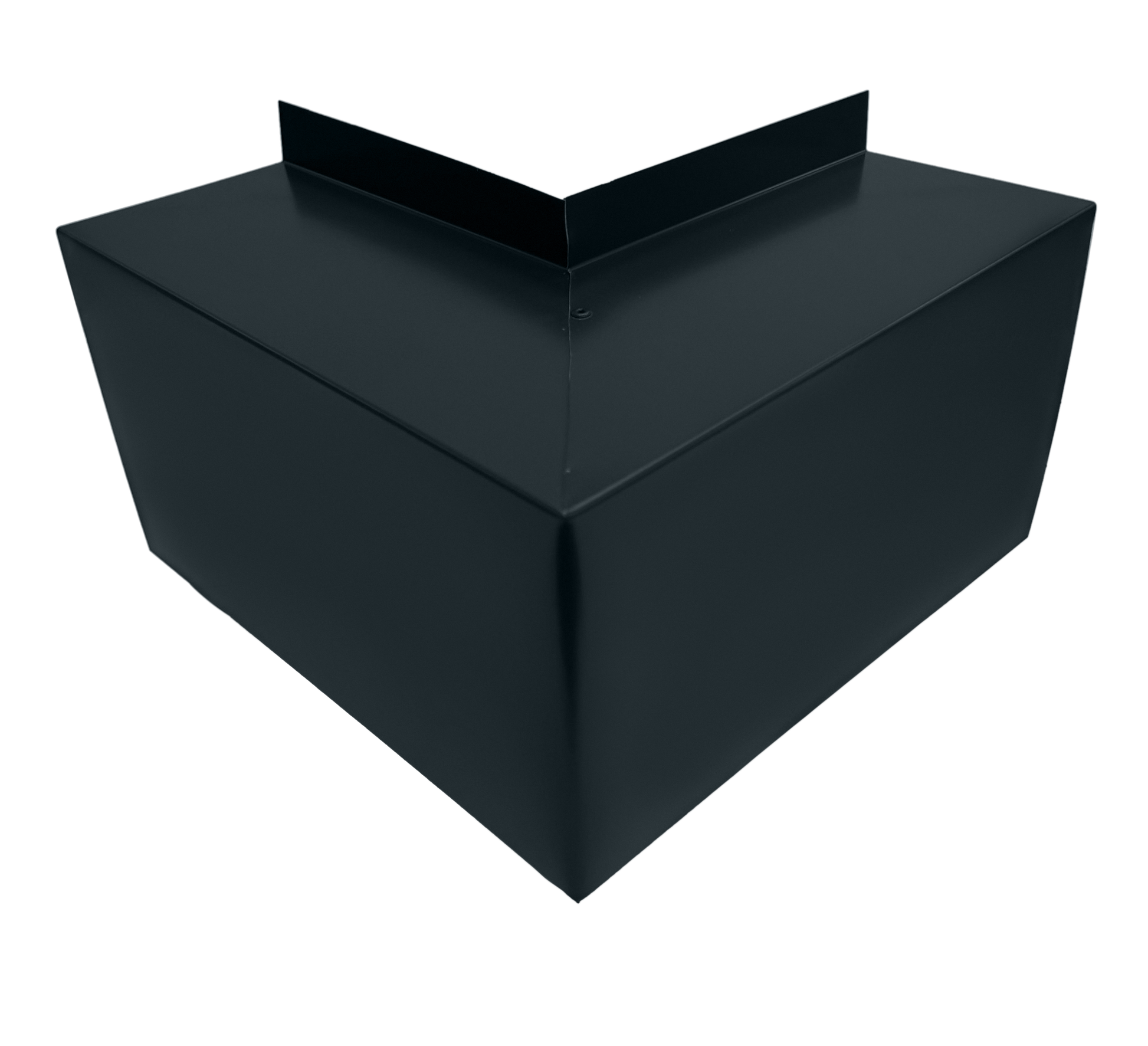 A close-up of a black metal object with a geometric V-shaped design. It has sharp edges and flat surfaces, resembling part of an industrial structure or Perma Cover Commercial Series - 24 Gauge Line Set Cover Outside Corner Elbows - Premium Quality. The background is plain and unobtrusive, emphasizing the object's shape and material for easy installation.