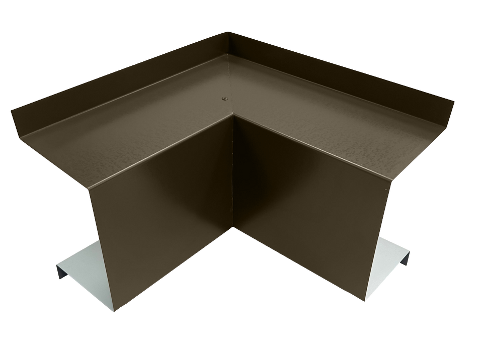 A Perma Cover Commercial Series - 24 Gauge Line Set Cover Inside Corner Elbows - Premium Quality, exemplifying premium quality, is shown. The object forms a right angle with lips extending horizontally from the top edges. It is typically installed at roof joints or wall corners to protect against water intrusion.