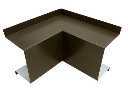 A Perma Cover Commercial Series - 24 Gauge Line Set Cover Inside Corner Elbows - Premium Quality, exemplifying premium quality, is shown. The object forms a right angle with lips extending horizontally from the top edges. It is typically installed at roof joints or wall corners to protect against water intrusion.