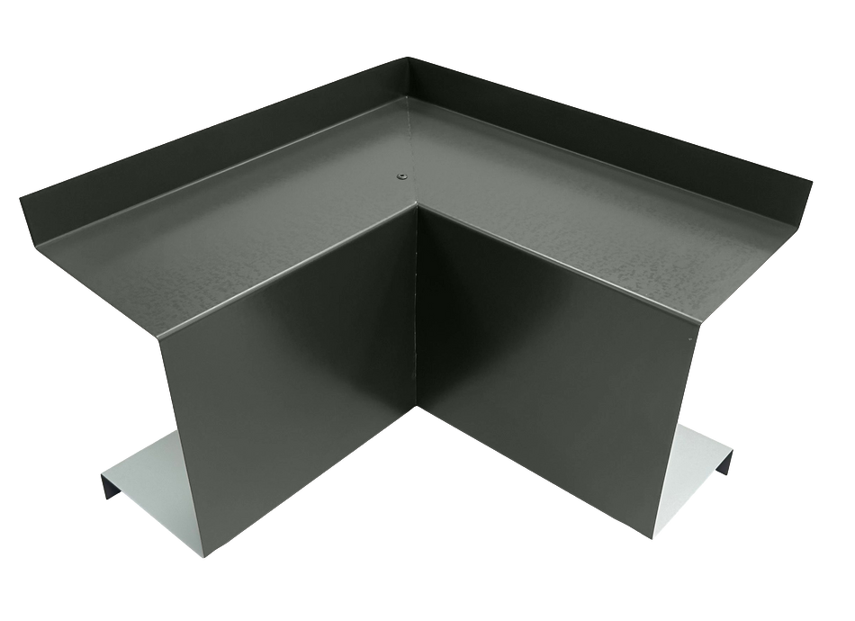 An image of a dark-colored metal corner piece with a right-angle design. This Perma Cover premium quality Commercial Series - 24 Gauge Line Set Cover Inside Corner Elbows - Premium Quality piece is crafted to fit snugly into a corner, featuring raised edges on two sides and a flat, smooth surface, making it ideal for HVAC line set covers or inside corner elbows.