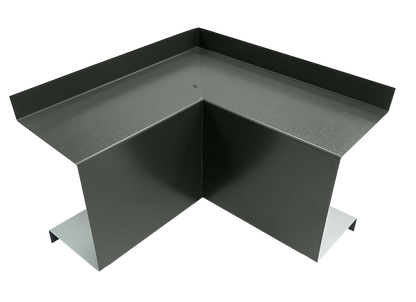 An image of a dark-colored metal corner piece with a right-angle design. This Perma Cover premium quality Commercial Series - 24 Gauge Line Set Cover Inside Corner Elbows - Premium Quality piece is crafted to fit snugly into a corner, featuring raised edges on two sides and a flat, smooth surface, making it ideal for HVAC line set covers or inside corner elbows.