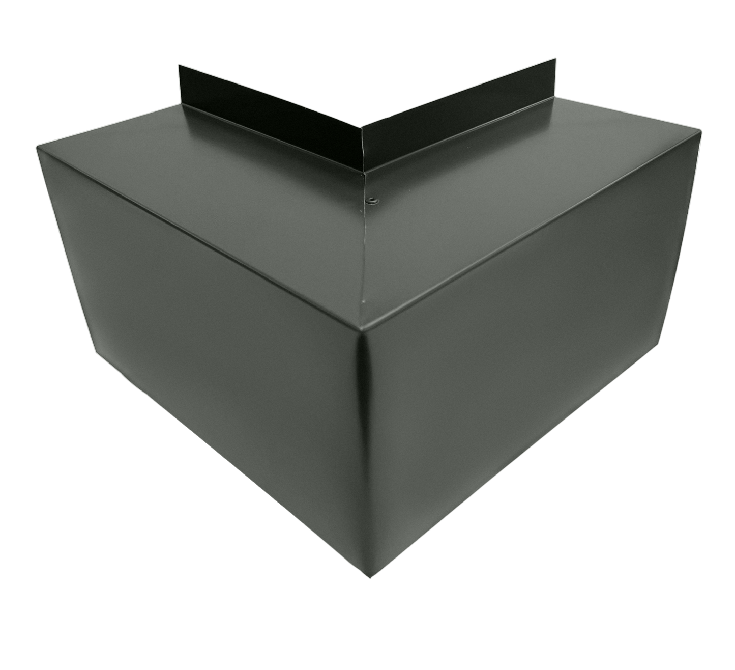 A black, angular metal object featuring a rectangular top with a raised V-shaped edge. The object has flat sides and a pointed bottom, forming a pyramid-like structure with a truncated peak. Made from 24 gauge steel elbows, it appears to be an industrial component designed for easy installation. This is the Perma Cover Commercial Series - 24 Gauge Line Set Cover Outside Corner Elbows - Premium Quality.