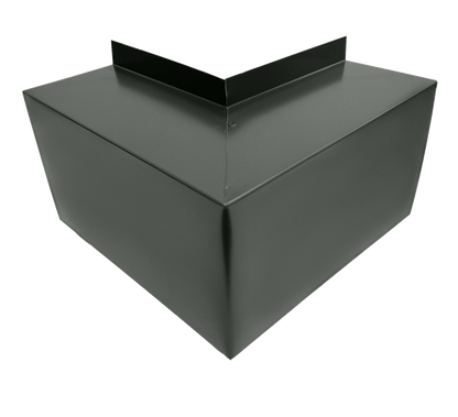 A black, angular metal object featuring a rectangular top with a raised V-shaped edge. The object has flat sides and a pointed bottom, forming a pyramid-like structure with a truncated peak. Made from 24 gauge steel elbows, it appears to be an industrial component designed for easy installation. This is the Perma Cover Commercial Series - 24 Gauge Line Set Cover Outside Corner Elbows - Premium Quality.