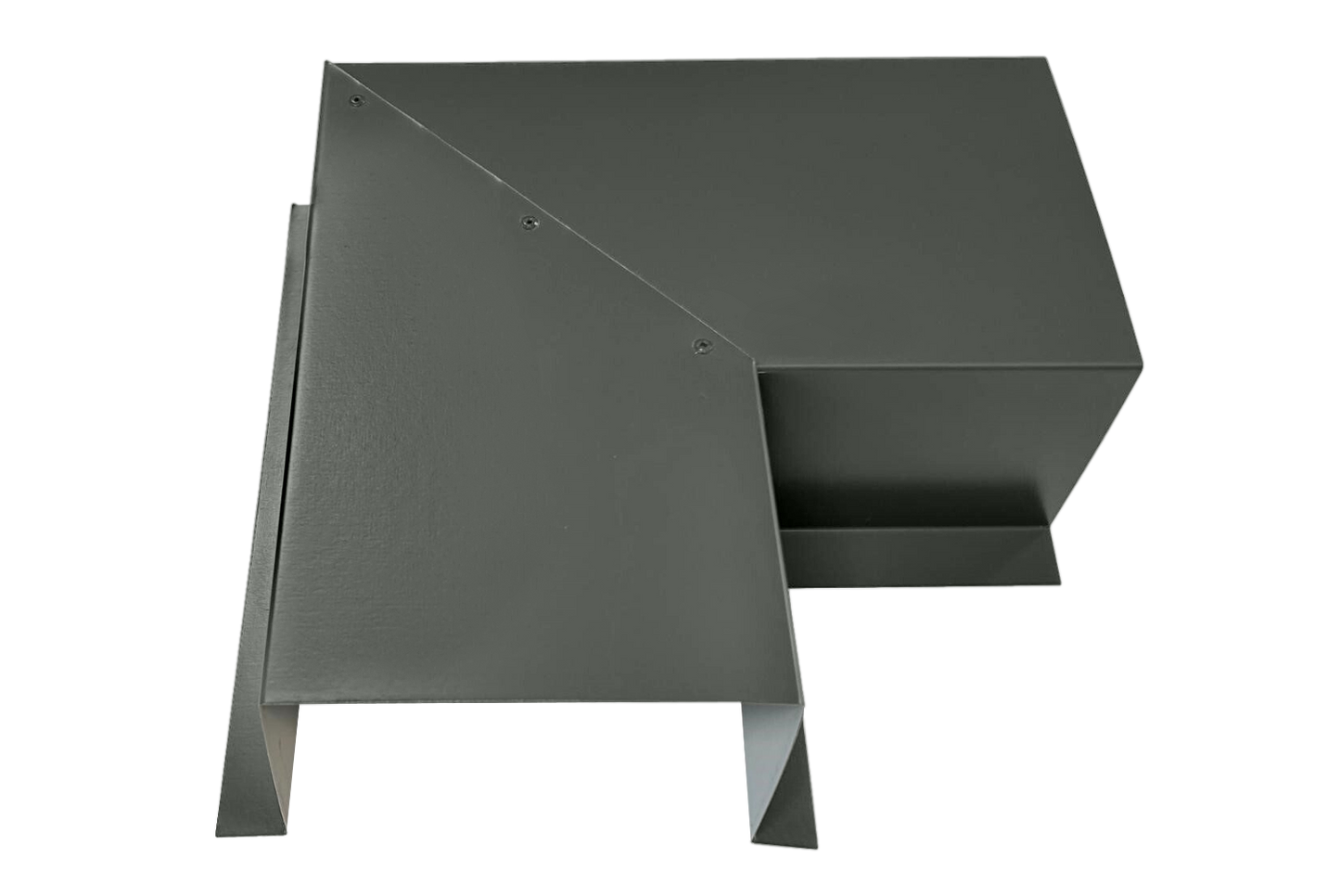 A gray, angular metal object made from premium quality 24 gauge steel features overlapping rectangular and triangular sections, forming a geometric, abstract 3D shape. The surface appears smooth and matte. The Perma Cover Commercial Series - 24 Gauge Line Set Cover Side Turning Elbows - Premium Quality has sharp, clean edges and seems to be industrially designed for easy installation.