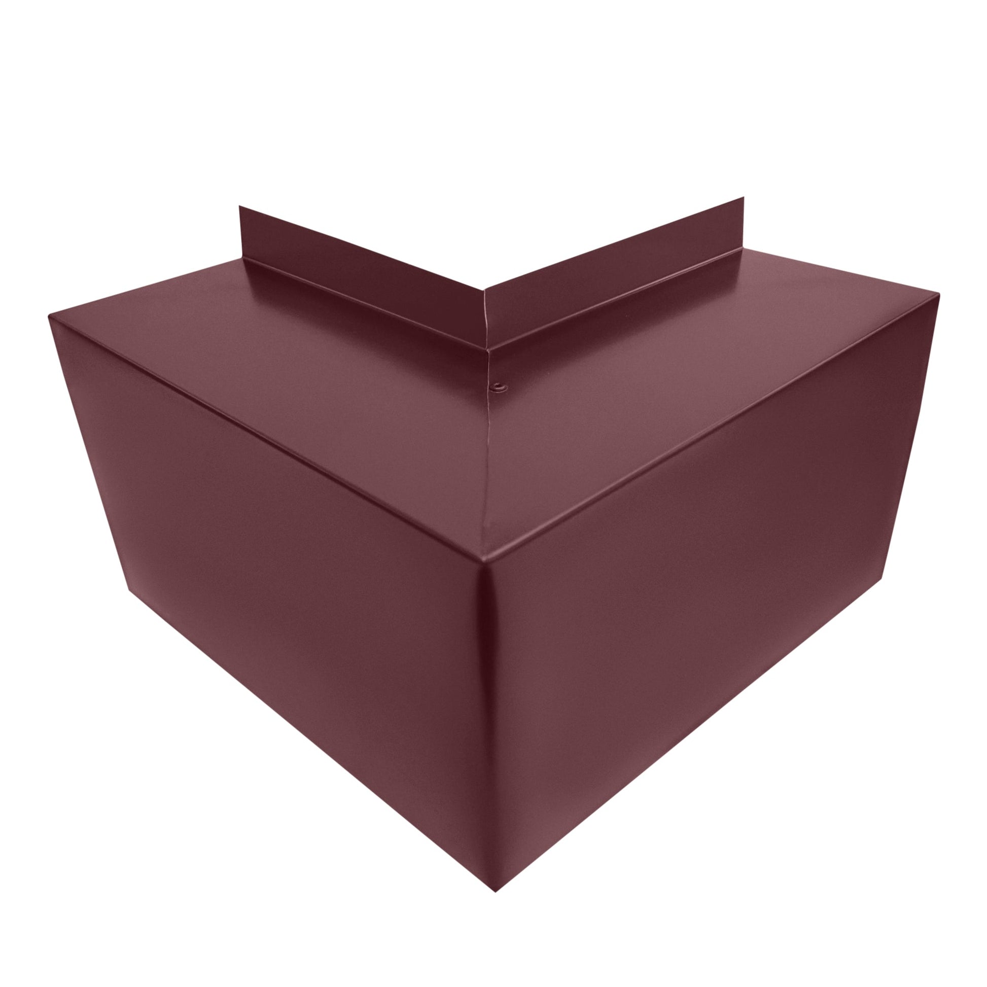 A maroon-colored, V-shaped metal object with clean lines and smooth surfaces, designed for simple and easy installation over a right-angle corner. This Perma Cover Residential Series - Line Set Cover Outside Corner Elbows - Premium Quality features a triangular front surface and an extended narrow strip along the top edge, perfect for an HVAC line set cover.