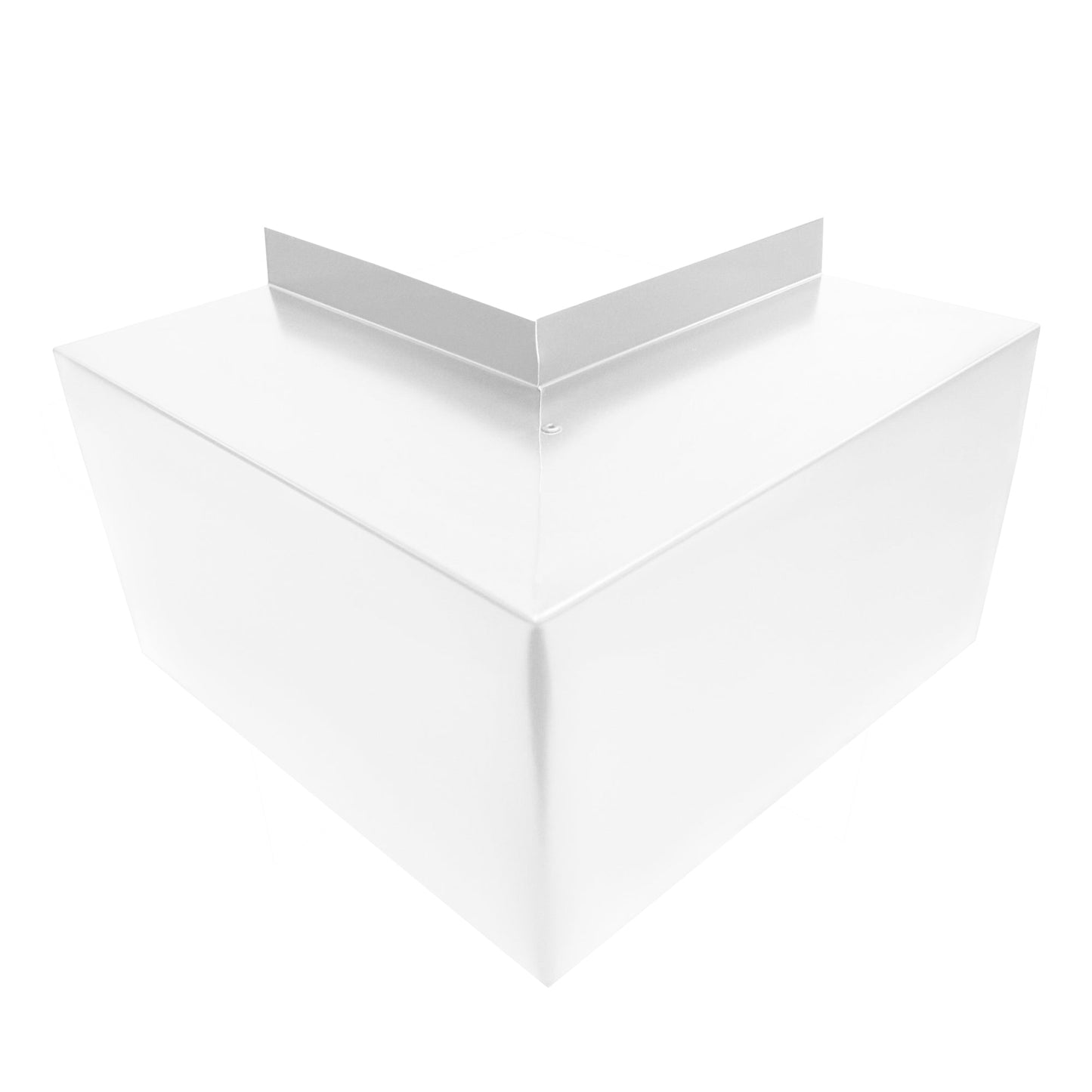 A sleek, white, angular object with a V-shaped ridge on top. It has crisp edges and a minimalistic design, suggesting it could be part of an HVAC line set cover or a piece of contemporary art. The overall finish appears smooth and glossy, hinting at premium quality construction and simple and easy installation — just like the Residential Series - Line Set Cover Outside Corner Elbows from Perma Cover.