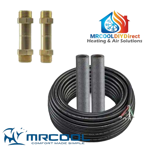 Two brass MRCOOL DIY® couplers and a coiled insulated black cable, with Mr. Cool logos for DIY heating and air solutions displayed below.