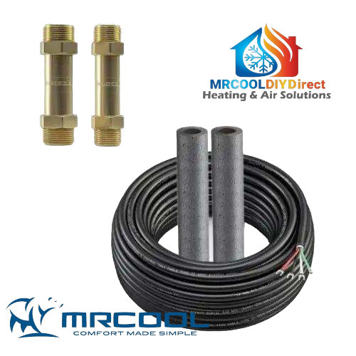 Image shows an HVAC installation kit, including two brass fittings, two insulated copper lines, and wiring. The components are arranged next to the Mrcool and MRCOOL DIY Direct Heating & Air Solutions logos, featuring the reliable Couplers & Control Wire Only - FOR 9k 12k OR 18k Air Handlers for a seamless Quick Connect Line Set experience.