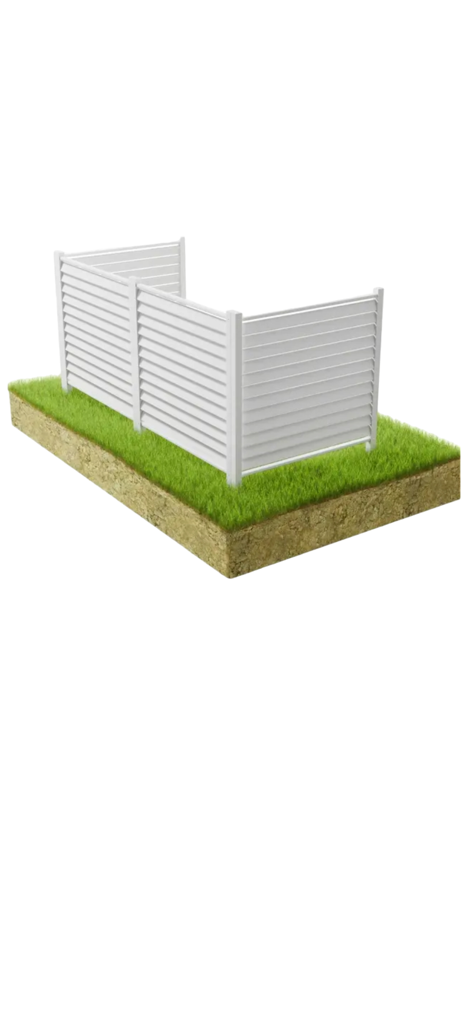 A 3D rendering of a small, rectangular fenced area with white slatted Privacy Shield Fence Panels - Hide Unsightly Outdoor Equipment with Ease is set on green grass overlaid on a wooden base. This weather-resistant fence from Condenser Fence forms an open rectangle with two long parallel sides and two short parallel sides, making it ideal for outdoor equipment.