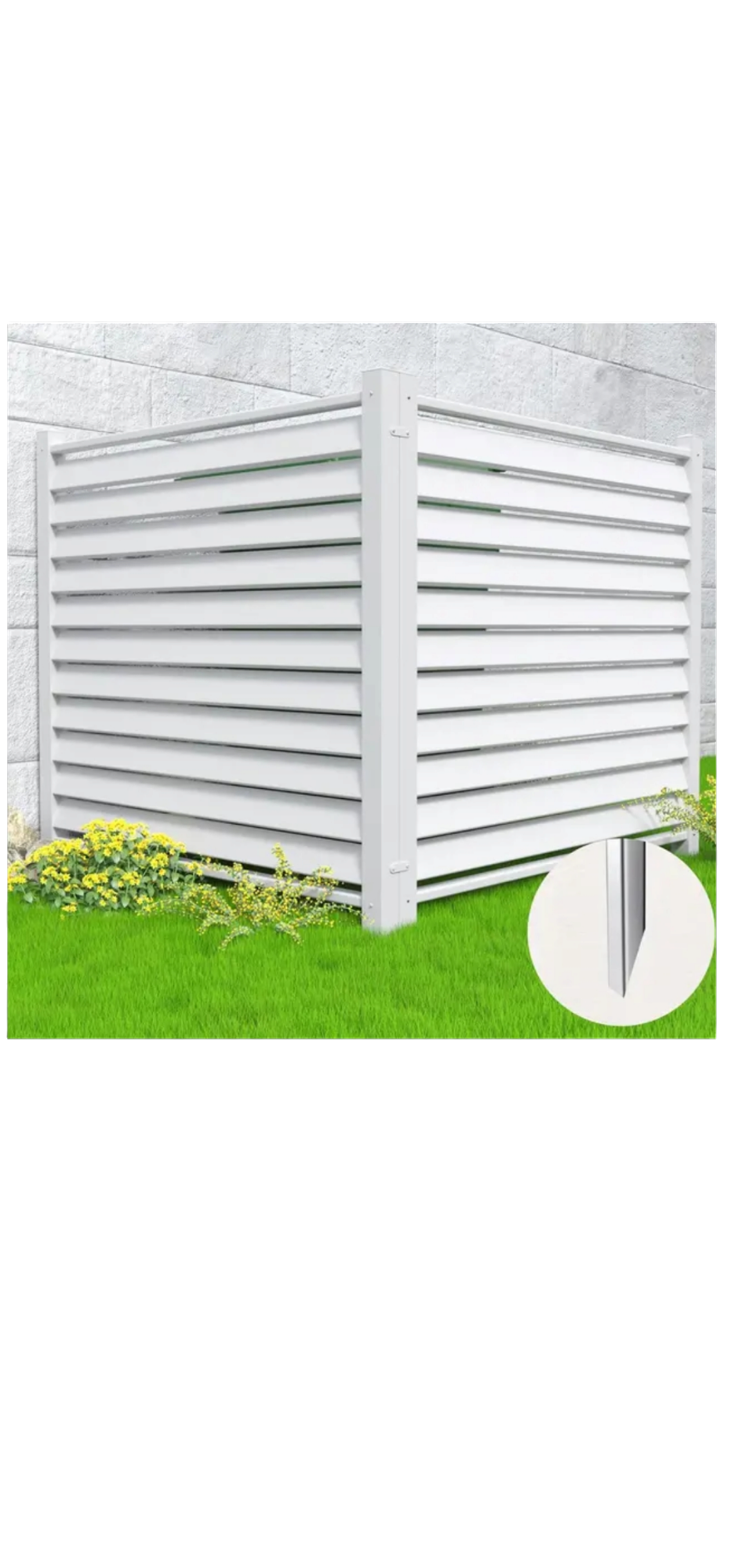 A white louvered enclosure, serving as a Condenser Fence product called Privacy Shield Fence Panels - Hide Unsightly Outdoor Equipment with Ease, is set up on a lush green lawn near a concrete wall. Yellow flowers and bushes bloom at its base. An inset close-up shows the corner details of the weather-resistant slats and support structure.