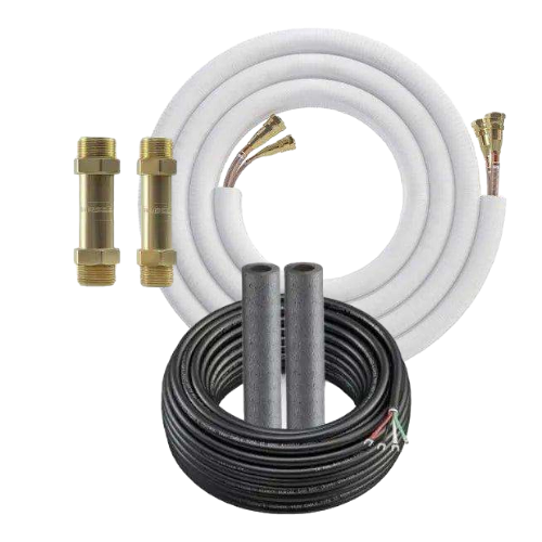 A set of HVAC installation components including two rolls of insulated copper tubing wrapped in white foam, a roll of 75 feet MC5 Pro Cable, and two brass connectors. The components are neatly arranged with the tubing coiled and connectors placed side by side, making it ideal for a MRCOOL DIY Direct 25' Install Kit for 24k/36k with cable for Gen 4 DIY or Easy Pro Systems - 25 Foot Pre-Filled Line Set With Wire and 2 Couplers.