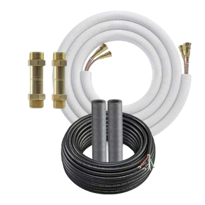 A set of HVAC installation components including two rolls of insulated copper tubing wrapped in white foam, a roll of 75 feet MC5 Pro Cable, and two brass connectors. The components are neatly arranged with the tubing coiled and connectors placed side by side, making it ideal for a MRCOOL DIY Direct 25' Install Kit for 24k/36k with cable for Gen 4 DIY or Easy Pro Systems - 25 Foot Pre-Filled Line Set With Wire and 2 Couplers.