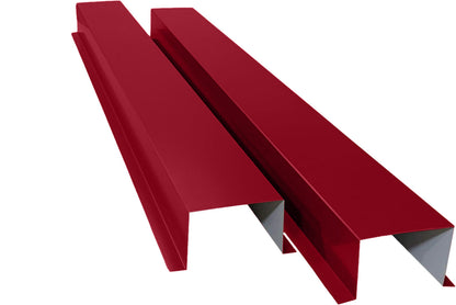 Two elongated metal pieces with red coating, each having a U-shaped cross-section with one side extended outward. Made from 24-gauge painted metal, they stand parallel to each other with the open sides facing inward. Ideal for HVAC line protection, these Perma Cover Commercial Series - 24 Gauge Painted Metal HVAC Line Set Covers - Heavy Duty, Multiple Sizes & Colors are set against a white background.