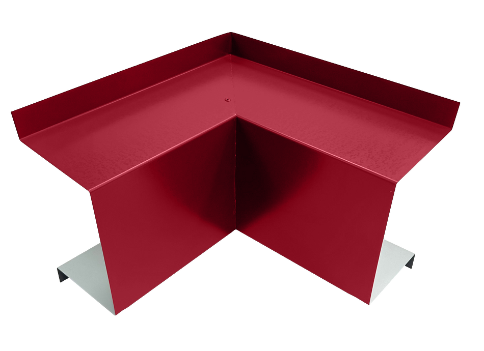 A red Commercial Series - 24 Gauge Line Set Cover Inside Corner Elbow - Premium Quality by Perma Cover with angled sides, likely used in construction or roofing, is placed against a solid-colored red background. The piece forms a 90-degree angle and has a flat top surface, showcasing its premium quality.