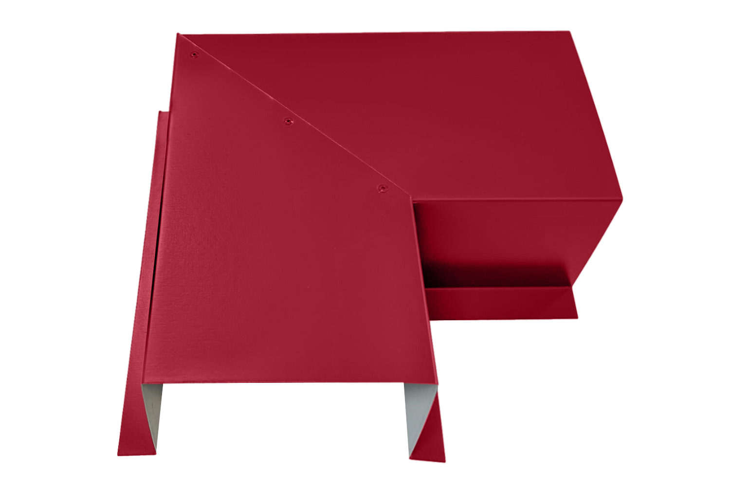 A red, angular geometric object with multiple flat surfaces and folded edges, resembling an abstract piece of modern art. Crafted from premium quality 24 gauge steel, its various planes intersect at different angles, creating a complex and intriguing shape. This is the Commercial Series - 24 Gauge Line Set Cover Side Turning Elbows - Premium Quality by Perma Cover.