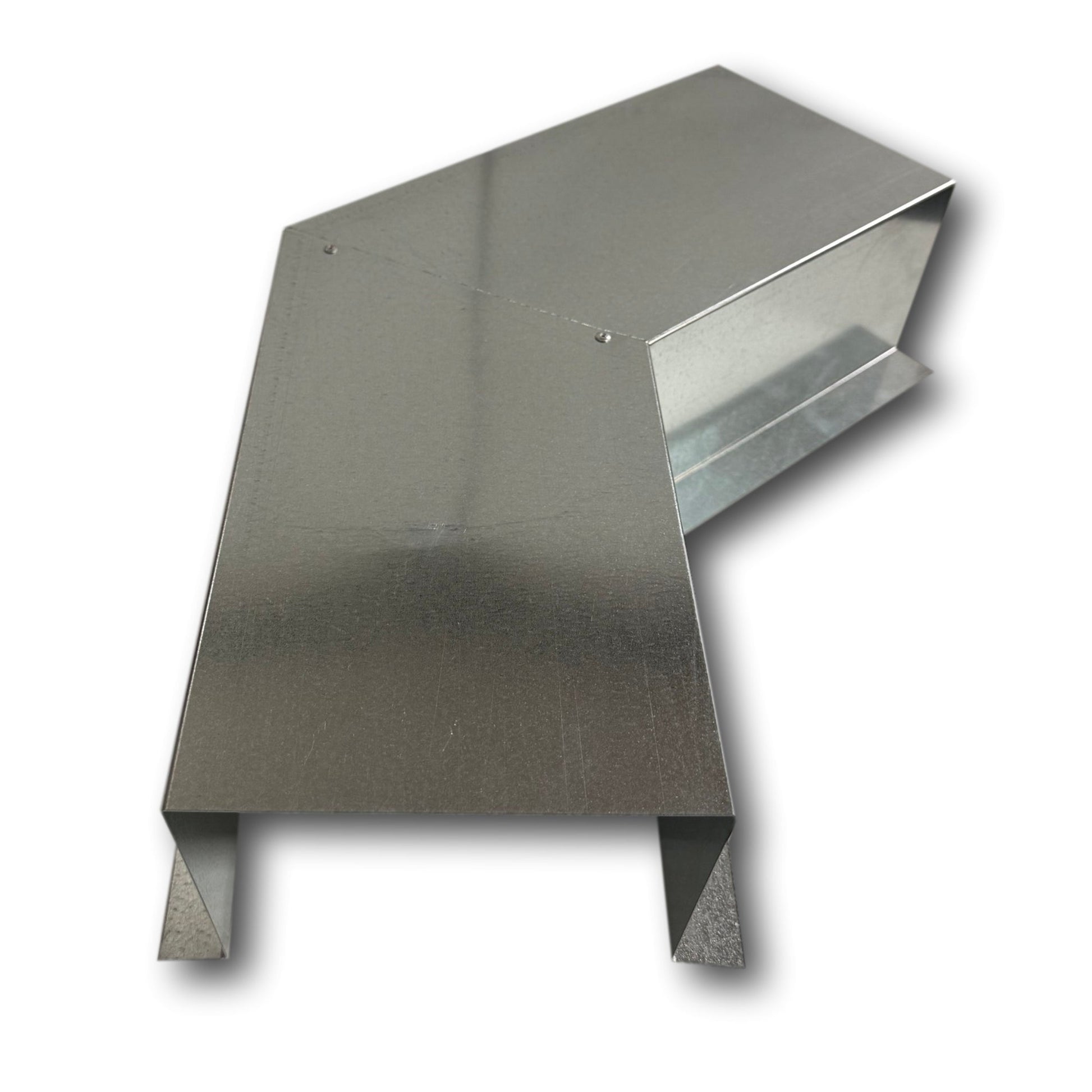 A PermaCover Metal HVAC Line Set Cover 45° Side Turning Elbow that is made to attach to exterior walls to cover existing HVAC line sets. The elbow is made from 26 Gauge Galvanized Steel.