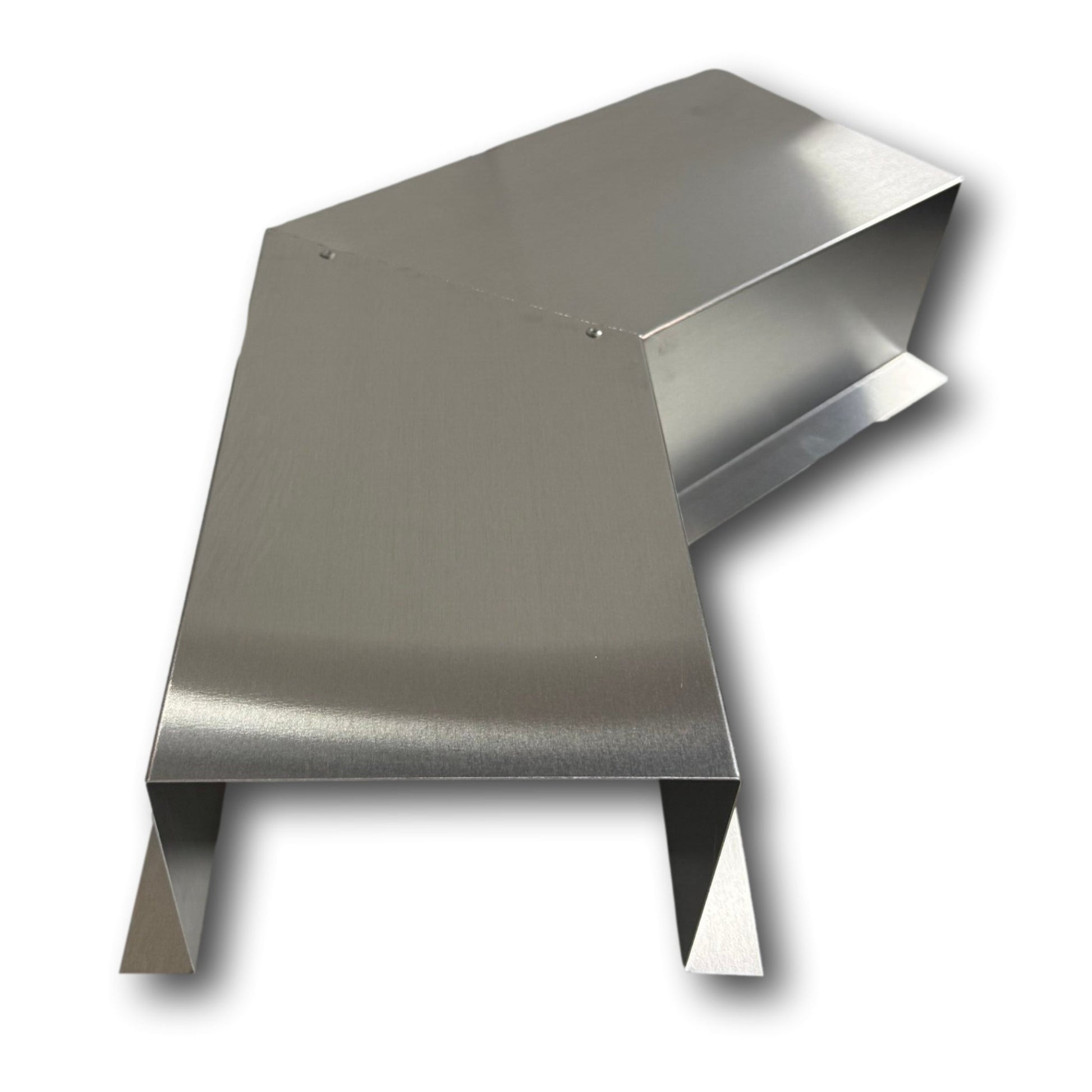 A PermaCover Metal HVAC Line Set Cover 45° Side Turning Elbow that is made to attach to exterior walls to cover existing HVAC line sets. The elbow is made from Mill Finish Aluminum.