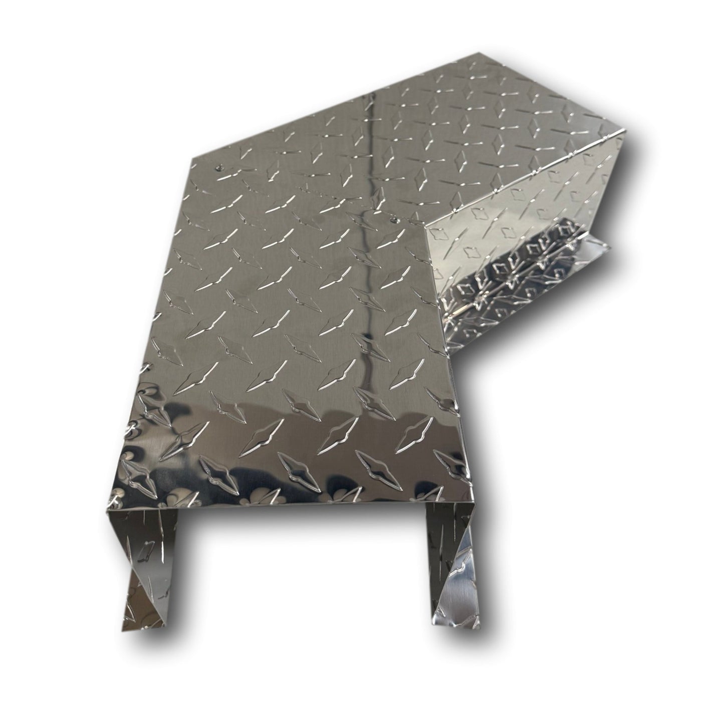 A PermaCover Metal HVAC Line Set Cover 45° Side Turning Elbow that is made to attach to exterior walls to cover existing HVAC line sets. The elbow is made from Aluminum Diamond Plate and is Silver in color. 