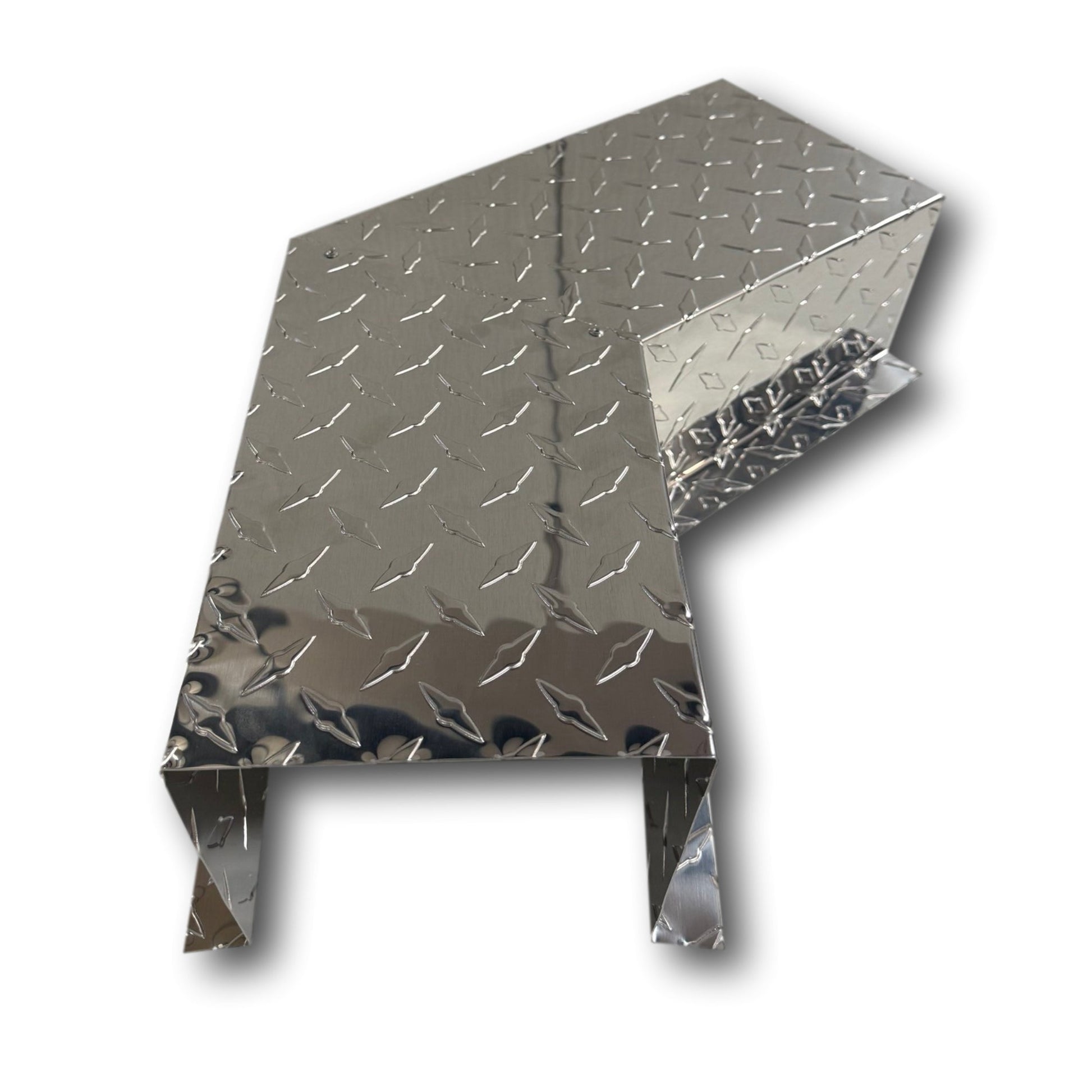 A PermaCover Metal HVAC Line Set Cover 45° Side Turning Elbow that is made to attach to exterior walls to cover existing HVAC line sets. The elbow is made from Aluminum Diamond Plate and is Silver in color. 