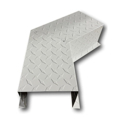 A PermaCover Metal HVAC Line Set Cover 45° Side Turning Elbow that is made to attach to exterior walls to cover existing HVAC line sets. The elbow is made from Aluminum Diamond Plate and is White in color. 