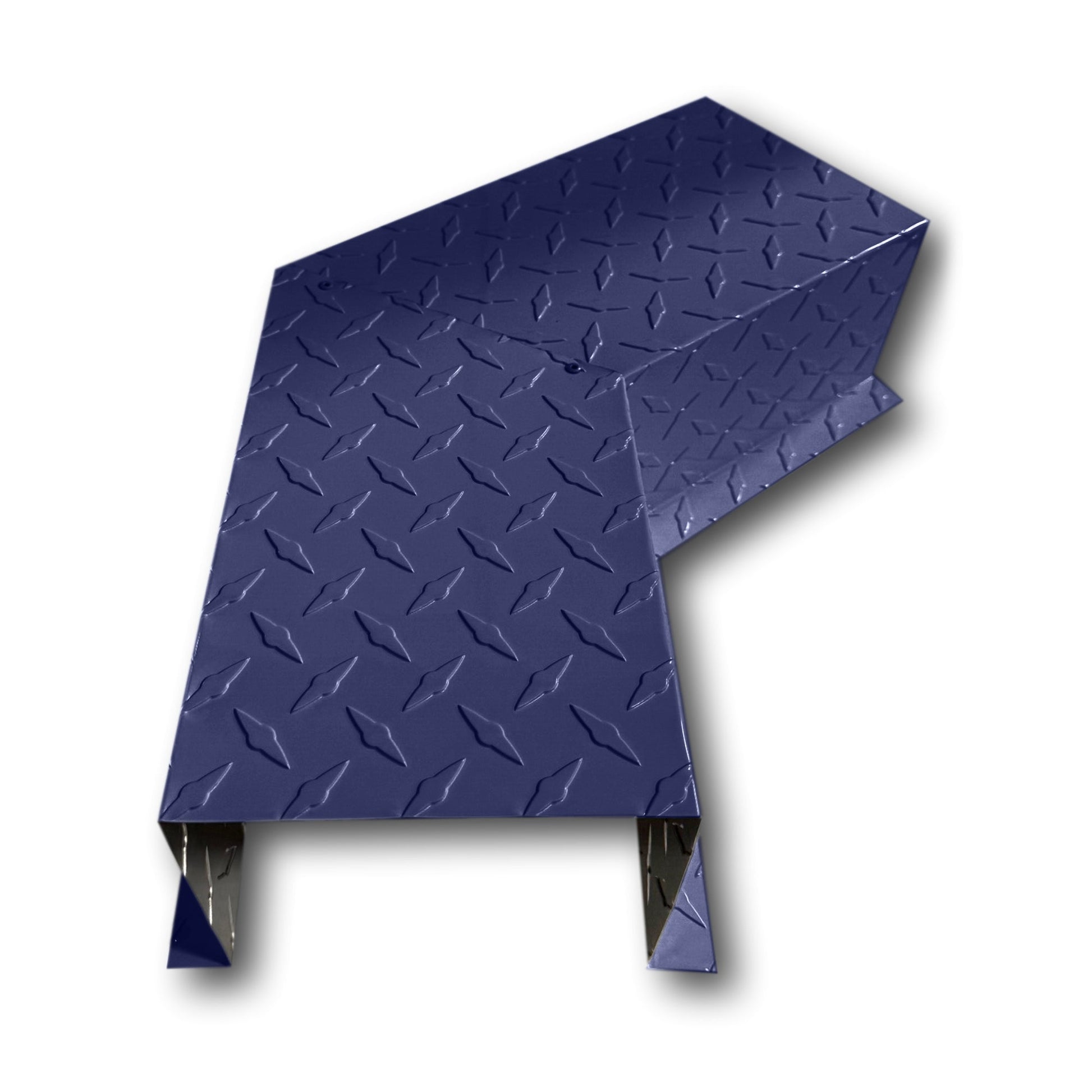 A PermaCover Metal HVAC Line Set Cover 45° Side Turning Elbow that is made to attach to exterior walls to cover existing HVAC line sets. The elbow is made from Aluminum Diamond Plate and is Indigo Blue in color. 