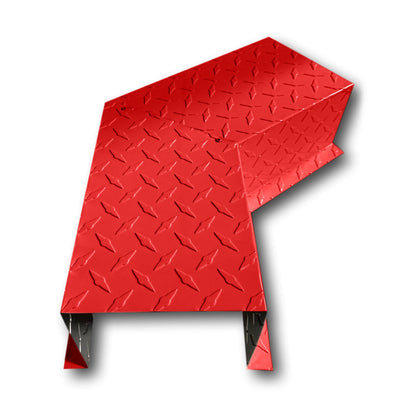 A PermaCover Metal HVAC Line Set Cover 45° Side Turning Elbow that is made to attach to exterior walls to cover existing HVAC line sets. The elbow is made from Aluminum Diamond Plate and is Red in color. 