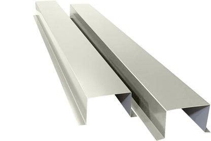 Two silver L-shaped metal pieces are displayed, parallel to each other, with one piece slightly overlapping the other. Designed for HVAC line protection, these Perma Cover Commercial Series - 24 Gauge Painted Metal HVAC Line Set Covers - Heavy Duty, Multiple Sizes & Colors have a reflective surface and are positioned against a plain white background.