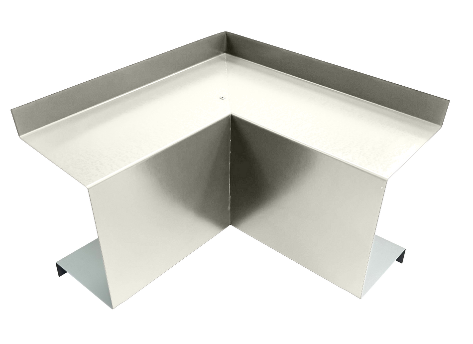 A Perma Cover Commercial Series - 24 Gauge Line Set Cover Inside Corner Elbows - Premium Quality with a shiny, reflective finish is shown. It has a right-angle design with flat mounting surfaces extending from both sides, crafted from premium quality materials to protect corners from damage. The background is a neutral light gray.