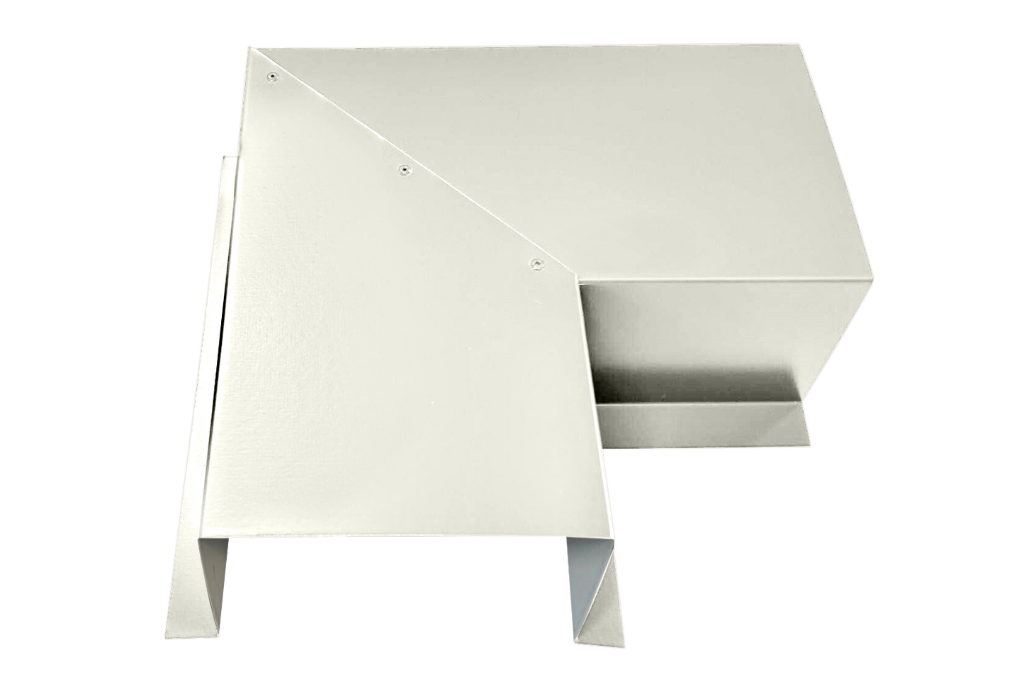 A white, angular metal duct elbow is shown on a neutral background. Crafted from premium quality 24 gauge steel, the Perma Cover Commercial Series - 24 Gauge Line Set Cover Side Turning Elbows - Premium Quality boasts a complex design with multiple sections and bends, featuring sharp edges and clean lines. It appears to be an HVAC component used for directing airflow, ensuring easy installation.