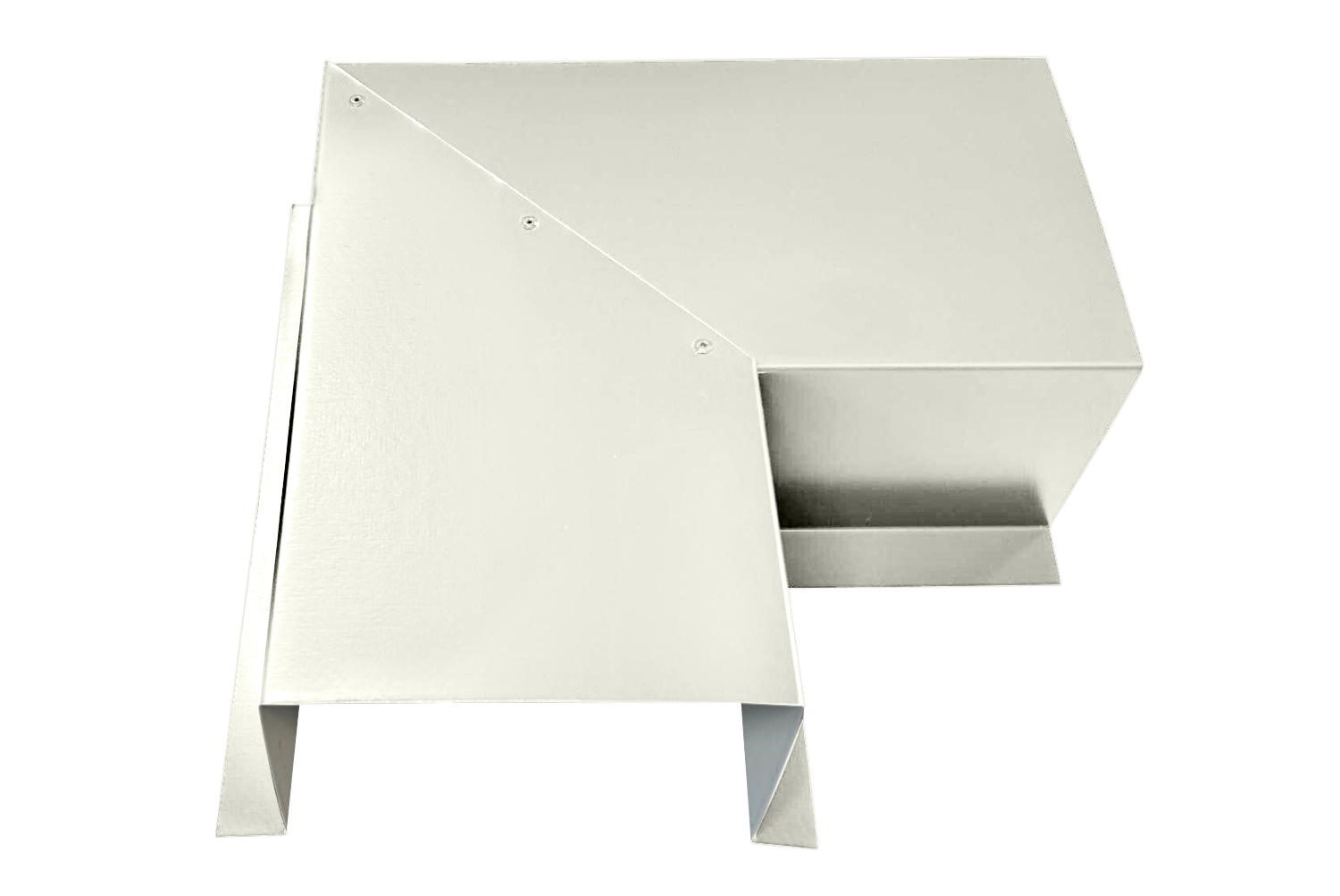 A white, angular metal duct elbow is shown on a neutral background. Crafted from premium quality 24 gauge steel, the Perma Cover Commercial Series - 24 Gauge Line Set Cover Side Turning Elbows - Premium Quality boasts a complex design with multiple sections and bends, featuring sharp edges and clean lines. It appears to be an HVAC component used for directing airflow, ensuring easy installation.