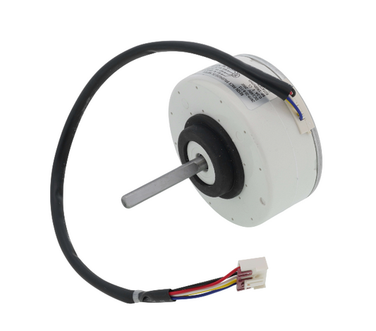An image of a small white MRCOOL Blower Motor For DIY-18-WMAH-HP-230A with a metal shaft. It has black wiring and a multi-colored wire bundle with a connector at the end.