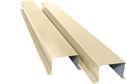The image shows two long, metallic, beige-colored Z-shaped Perma Cover Commercial Series - 24 Gauge Painted Metal HVAC Line Set Covers - Heavy Duty, Multiple Sizes & Colors placed parallel to each other on a white background. Crafted from 24 gauge painted metal, the line set covers have clean, angular bends and a smooth surface, demonstrating their structural shape and suitability for commercial series HVAC line protection.