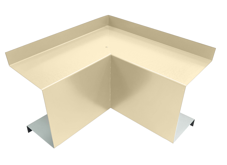 A premium quality beige metal corner piece designed for structural or decorative purposes, featuring a right-angle bend and flanges along the edges for attachment. The piece has a minimalist and industrial appearance, perfect as an inside corner elbow for an HVAC line set cover. This is the Perma Cover Commercial Series - 24 Gauge Line Set Cover Inside Corner Elbows - Premium Quality.