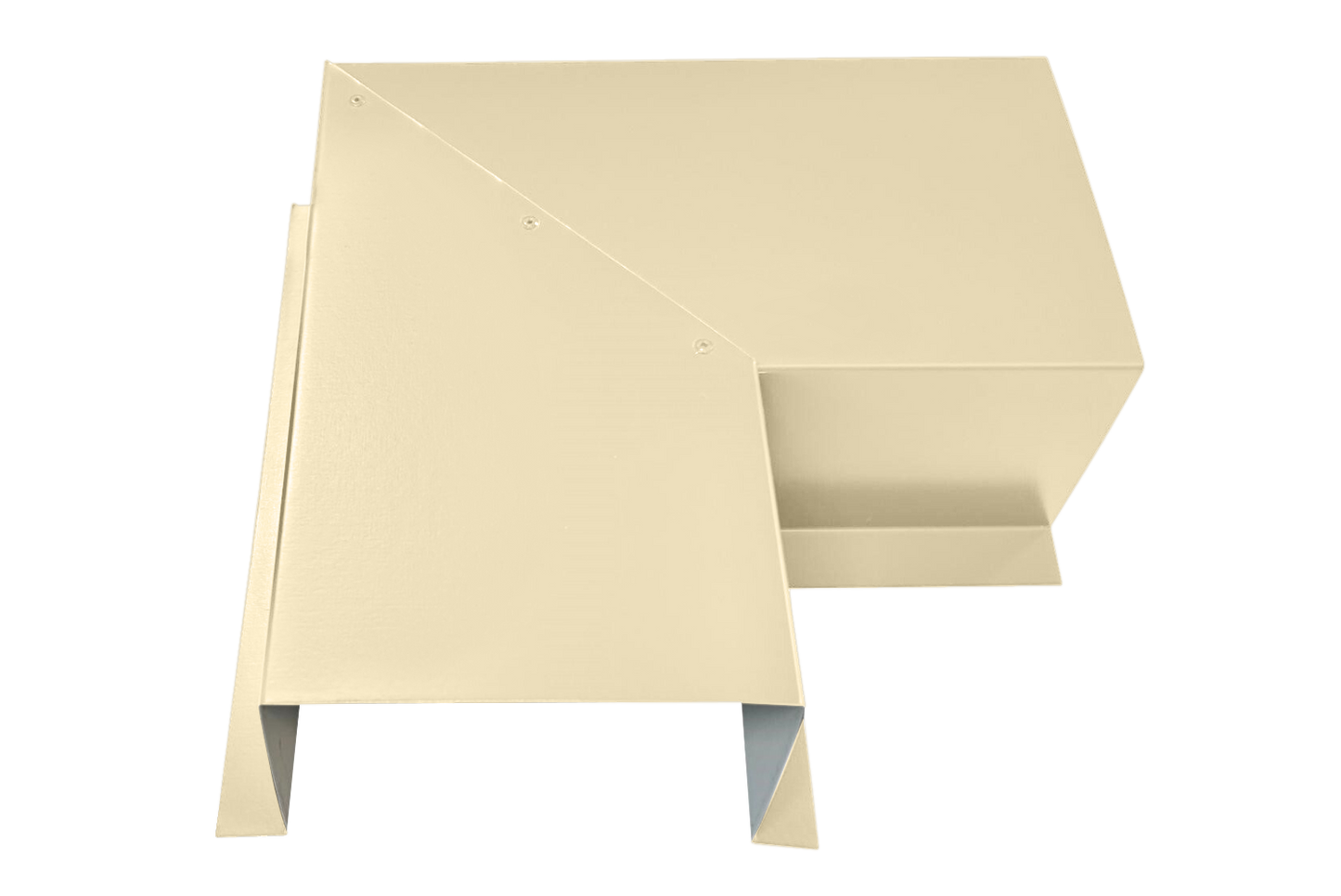 A beige, angular metal duct connector made of premium quality 24 gauge steel is shown with precise bends and seams. Used for HVAC systems, this piece features a rectangular and L-shaped configuration suitable for connecting ducts at a right angle, ensuring easy installation. This specific product is the Commercial Series - 24 Gauge Line Set Cover Side Turning Elbows - Premium Quality by Perma Cover.