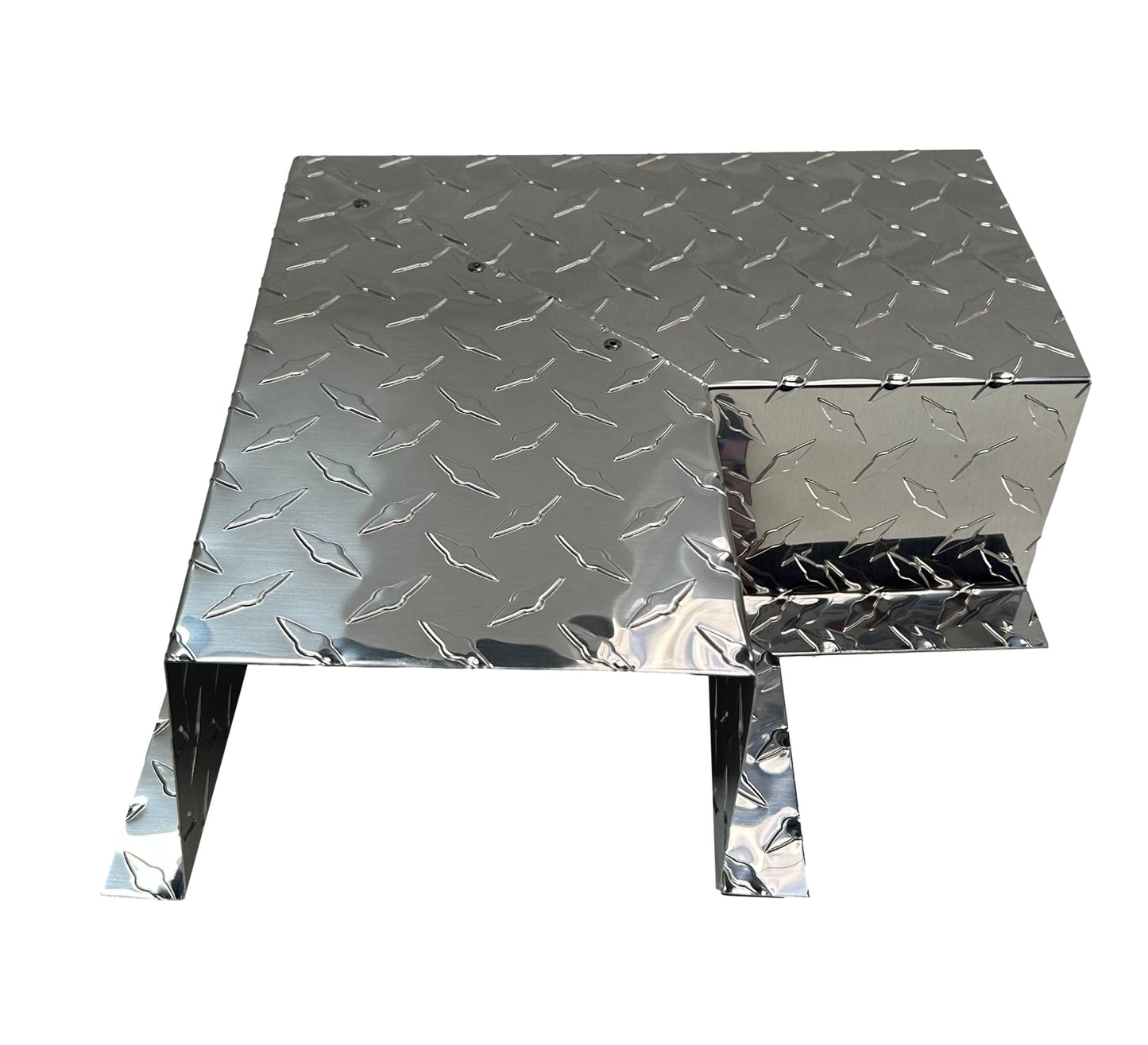 This image shows a rectangular piece of diamond plate steel with multiple bends, creating sections that appear to form legs and a separate column. The metal, often used in the Perma Cover Residential Series - Line Set Cover Side Turning Elbows - Premium Quality for HVAC line sets, has a shiny, reflective surface with a textured diamond pattern.