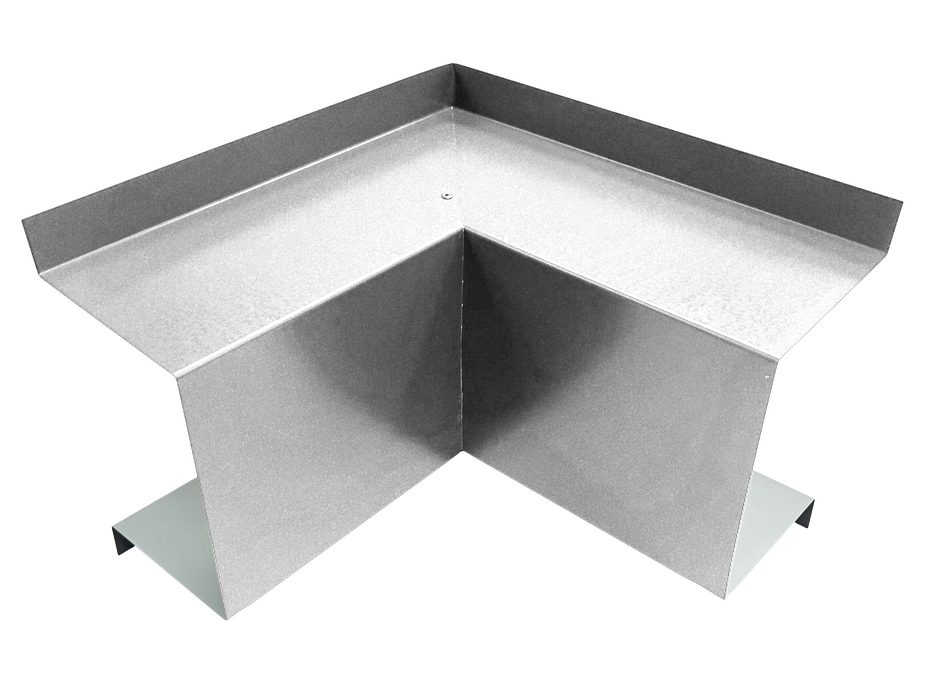 A metallic, L-shaped corner piece with flanges on the top edges. The shiny, reflective surface indicates it is made of metal and it appears to be designed for structural or joining purposes. The simplicity suggests it's an industrial or construction component like Perma Cover Commercial Series - 24 Gauge Line Set Cover Inside Corner Elbows - Premium Quality.
