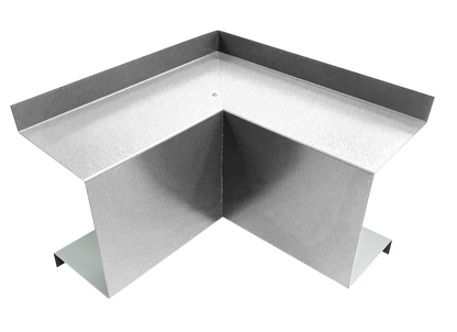 A metallic, L-shaped corner piece with flanges on the top edges. The shiny, reflective surface indicates it is made of metal and it appears to be designed for structural or joining purposes. The simplicity suggests it's an industrial or construction component like Perma Cover Commercial Series - 24 Gauge Line Set Cover Inside Corner Elbows - Premium Quality.