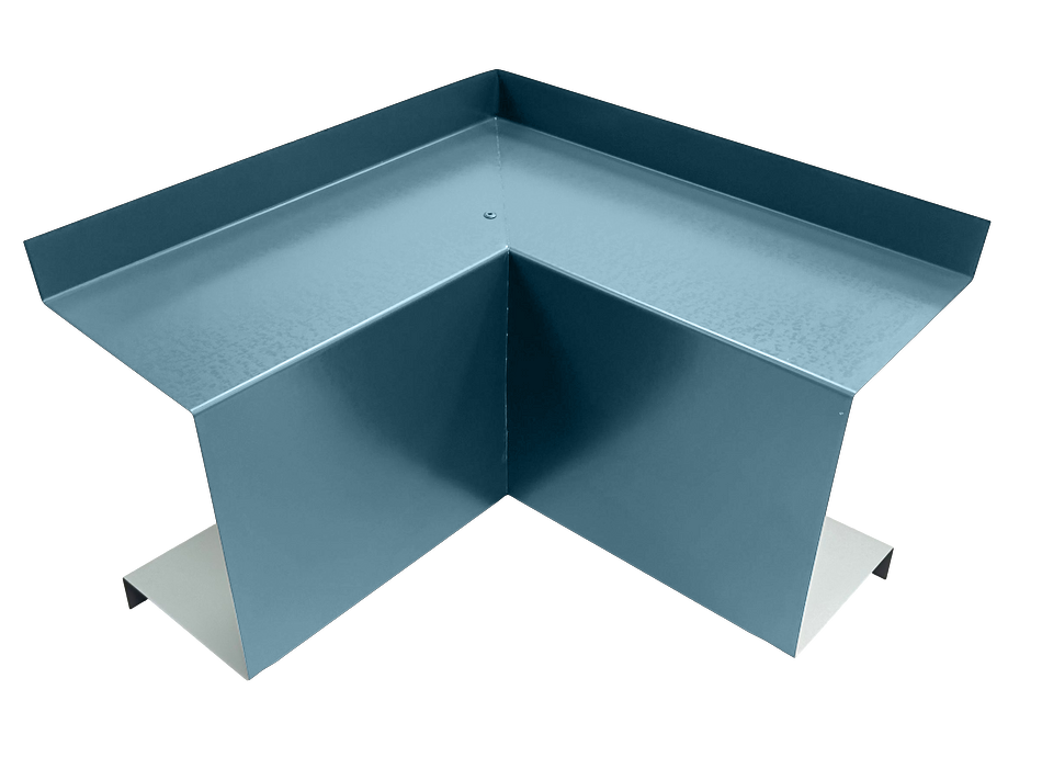 A premium quality metallic blue corner guard with a right-angle design, used for protecting walls or edges from damage. Ideal for HVAC line set covers, its construction includes a flat, horizontal top surface and vertical sides extending downwards, forming a V-shape. Introducing the Perma Cover Commercial Series - 24 Gauge Line Set Cover Inside Corner Elbows - Premium Quality.