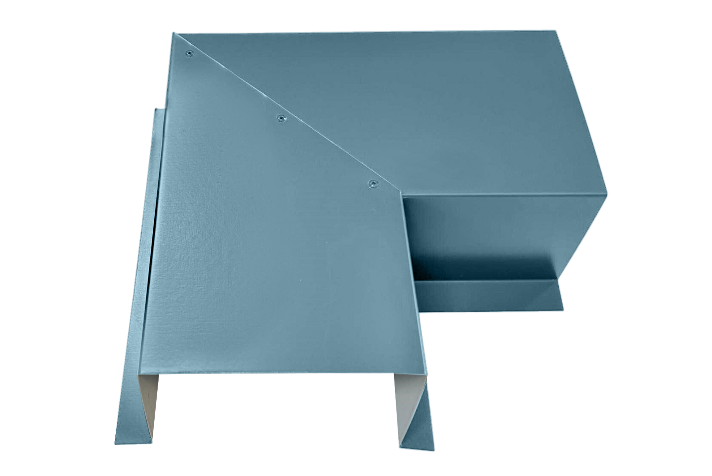 A blue, metallic vent duct made of premium quality 24 gauge steel with a rectangular base, angled joint, and extension. The structure has clean edges and a matte finish, ensuring easy installation. Replace "vent duct" with the product name: "Perma Cover Commercial Series - 24 Gauge Line Set Cover Side Turning Elbows - Premium Quality.