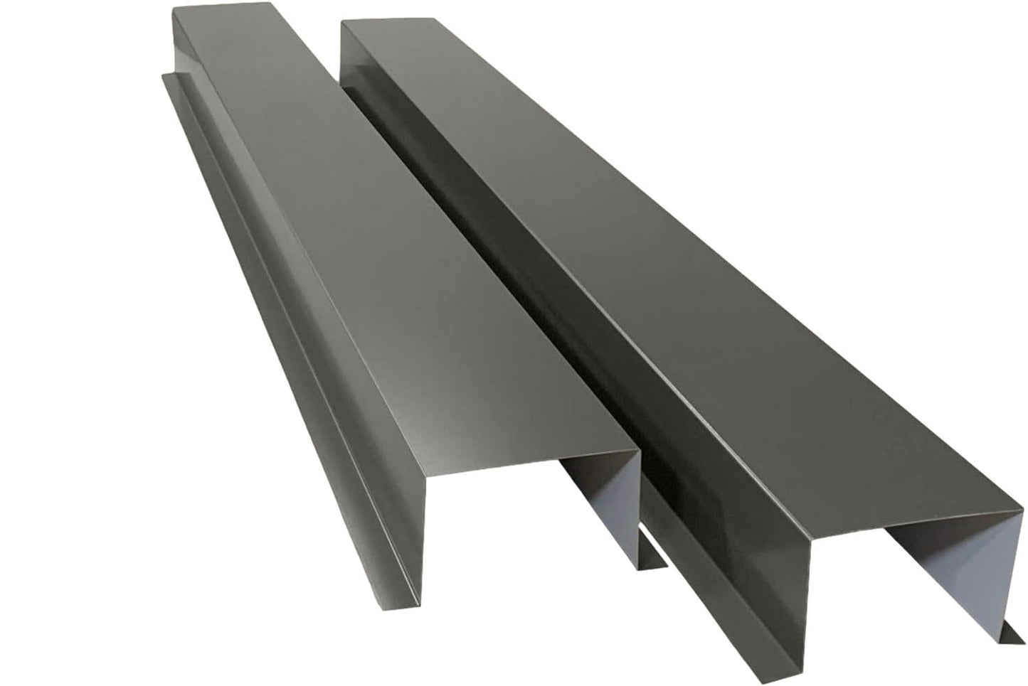 Two angled steel or metal architectural components, each with a ridge running along one edge. Positioned parallel against a white background and seen end-on, they feature smooth and uniform surfaces. These resemble elements used in **Commercial Series - 24 Gauge Painted Metal HVAC Line Set Covers - Heavy Duty, Multiple Sizes & Colors** by **Perma Cover** for HVAC line protection.