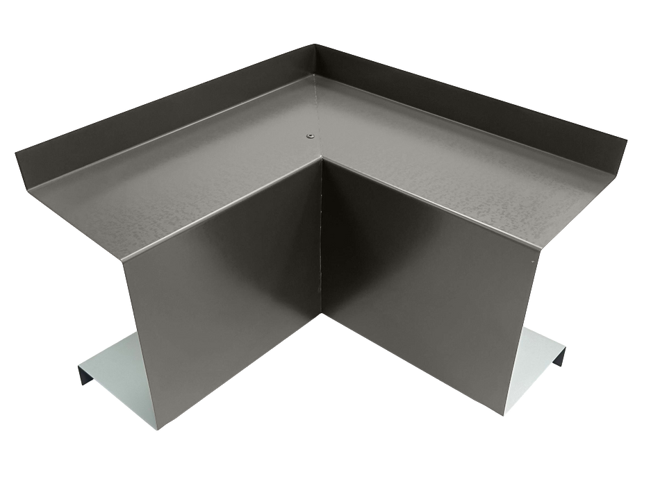 A metallic, gray, L-shaped corner flashing piece called the Commercial Series - 24 Gauge Line Set Cover Inside Corner Elbows - Premium Quality by Perma Cover is shown against a plain background. The premium quality piece has a smooth surface and is designed to cover and protect the corner joints in building structures, making it an essential component for HVAC line set covers.