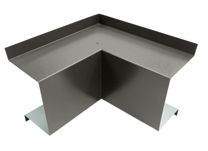 A metallic, gray, L-shaped corner flashing piece called the Commercial Series - 24 Gauge Line Set Cover Inside Corner Elbows - Premium Quality by Perma Cover is shown against a plain background. The premium quality piece has a smooth surface and is designed to cover and protect the corner joints in building structures, making it an essential component for HVAC line set covers.