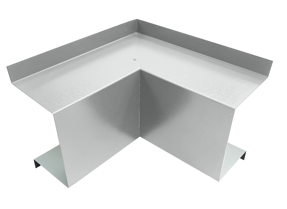 A 3D rendering of a Perma Cover Commercial Series - 24 Gauge Line Set Cover Inside Corner Elbows - Premium Quality, often used in construction or DIY projects. The piece is angled at a 90-degree angle and features flanges on the top and bottom for attaching to surfaces. This inside corner elbow has a smooth, reflective finish ideal for precise applications.