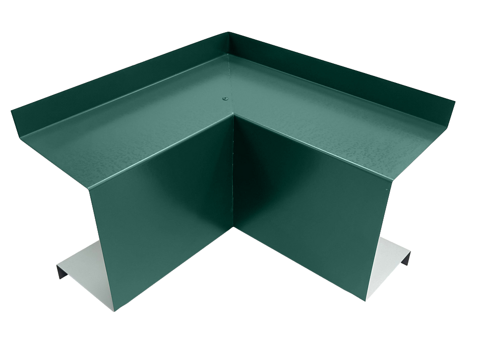 A premium quality green metal 90-degree inside corner elbow used in construction, likely for roofing or cladding applications. It features clean, straight edges and a smooth surface, with one small screw visible near the center of the inner corner. Product Name: Perma Cover Commercial Series - 24 Gauge Line Set Cover Inside Corner Elbows - Premium Quality.