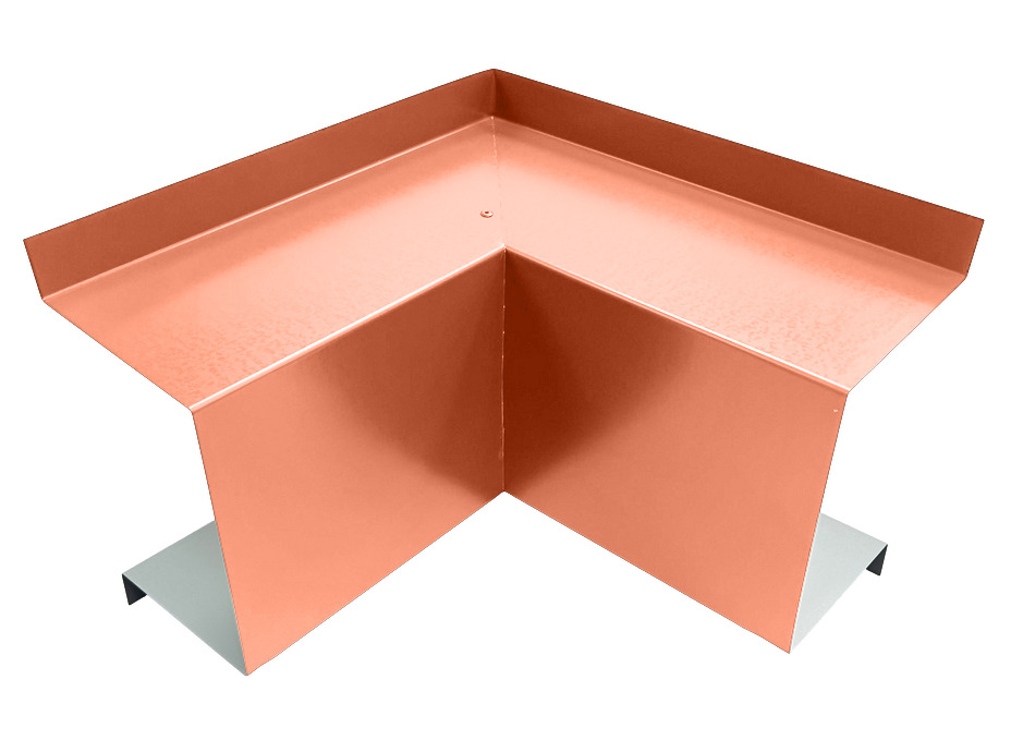A premium quality, copper-colored metal corner piece with a right-angle bend, designed to fit and protect two adjoining edges. Ideal for roofing or edge protection in construction, this Perma Cover Commercial Series - 24 Gauge Line Set Cover Inside Corner Elbows - Premium Quality rests elegantly on a white background.